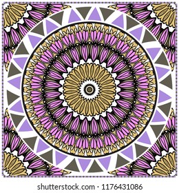 Template print for Sofa Square Pillow. Floral Geometric Pattern with hand-drawing Mandala. illustration. For fabric, textile, bandana, scarg, carpet print.