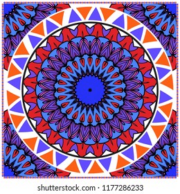 Template print for Sofa Square Pillow. Floral Geometric Pattern with hand-drawing Mandala. illustration. For fabric, textile, bandana, scarg, carpet print.