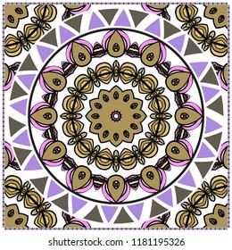 Template print for Sofa Square Pillow. Floral Geometric Pattern with hand-drawing Mandala. illustration. For fabric, textile, bandana, scarg, carpet print.