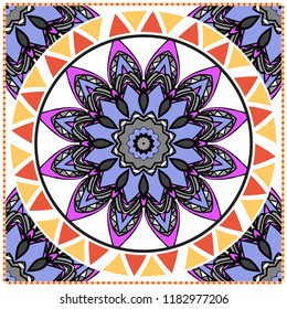 Template print for Sofa Square Pillow. Floral Geometric Pattern with hand-drawing Mandala. illustration. For fabric, textile, bandana, scarg, carpet print.