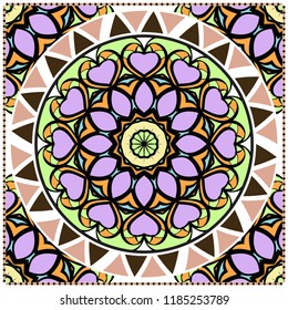 Template print for Sofa Square Pillow. Floral Geometric Pattern with hand-drawing Mandala. illustration. For fabric, textile, bandana, scarf, carpet print.