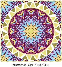 Template print for Sofa Square Pillow. Floral Geometric Pattern with hand-drawing Mandala. illustration. For fabric, textile, bandana, scarg, carpet print.