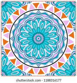 Template print for Sofa Square Pillow. Floral Geometric Pattern with hand-drawing Mandala. illustration. For fabric, textile, bandana, scarg, carpet print.