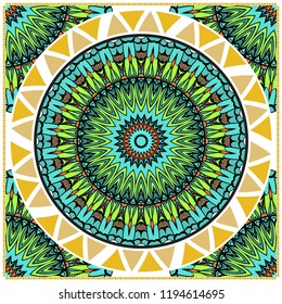 Template print for Sofa Square Pillow. Floral Geometric Pattern with hand-drawing Mandala. illustration. For fabric, textile, bandana, scarg, carpet print.