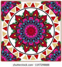 Template print for Sofa Square Pillow. Floral Geometric Pattern with hand-drawing Mandala. illustration. For fabric, textile, bandana, scarg, carpet print.