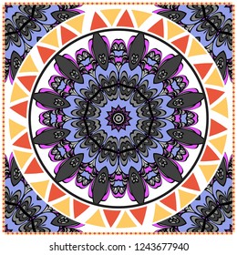 Template print for Sofa Square Pillow. Floral Geometric Pattern with hand-drawing Mandala. illustration. For fabric, textile, bandana, scarg, carpet print.