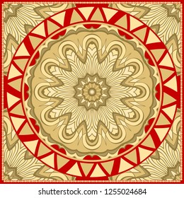 Template print for Sofa Square Pillow. Floral Geometric Pattern with hand-drawing Mandala. illustration. For fabric, textile, bandana, scarg, carpet print.