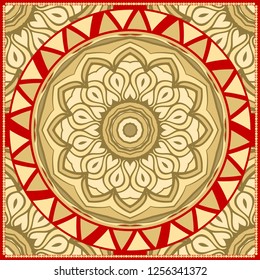 Template print for Sofa Square Pillow. Floral Geometric Pattern with hand-drawing Mandala. illustration. For fabric, textile, bandana, scarg, carpet print.