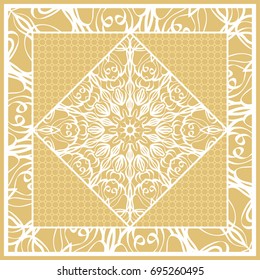 Template print for Sofa Square Pillow. Floral Geometric Pattern with hand-drawing Mandala. Vector illustration. For fabric, textile, bandana, scarg, carpet print. gOLD color