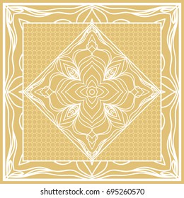 Template print for Sofa Square Pillow. Floral Geometric Pattern with hand-drawing Mandala. Vector illustration. For fabric, textile, bandana, scarg, carpet print. gOLD color