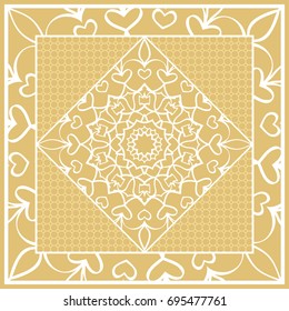 Template print for Sofa Square Pillow. Floral Geometric Pattern with hand-drawing Mandala. Vector illustration. For fabric, textile, bandana, scarg, carpet print. gOLD color