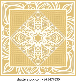 Template print for Sofa Square Pillow. Floral Geometric Pattern with hand-drawing Mandala. Vector illustration. For fabric, textile, bandana, scarg, carpet print. gOLD color