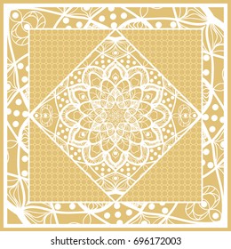 Template print for Sofa Square Pillow. Floral Geometric Pattern with hand-drawing Mandala. Vector illustration. For fabric, textile, bandana, scarg, carpet print. gOLD color