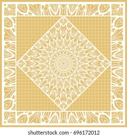 Template print for Sofa Square Pillow. Floral Geometric Pattern with hand-drawing Mandala. Vector illustration. For fabric, textile, bandana, scarg, carpet print. gOLD color