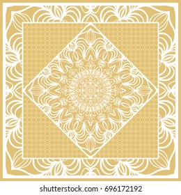 Template print for Sofa Square Pillow. Floral Geometric Pattern with hand-drawing Mandala. Vector illustration. For fabric, textile, bandana, scarg, carpet print. gOLD color