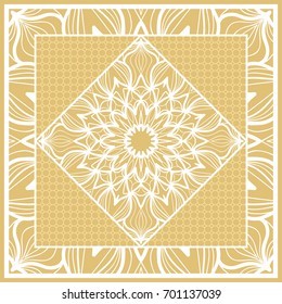 Template print for Sofa Square Pillow. Floral Geometric Pattern with hand-drawing Mandala. Vector illustration. For fabric, textile, bandana, scarg, carpet print. gOLD color