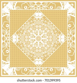 Template print for Sofa Square Pillow. Floral Geometric Pattern with hand-drawing Mandala. Vector illustration. For fabric, textile, bandana, scarg, carpet print. gOLD color