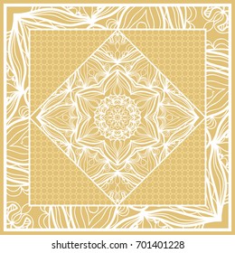 Template print for Sofa Square Pillow. Floral Geometric Pattern with hand-drawing Mandala. Vector illustration. For fabric, textile, bandana, scarg, carpet print. gOLD color
