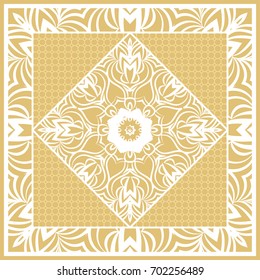 Template print for Sofa Square Pillow. Floral Geometric Pattern with hand-drawing Mandala. Vector illustration. For fabric, textile, bandana, scarg, carpet print. gOLD color