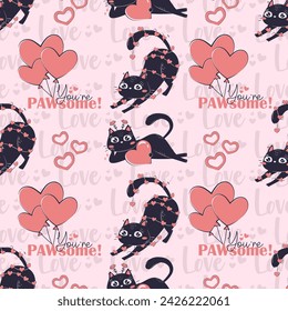 Template printed seamless pattern with black funny cat for Valentine's day isolated. Colorful love wrapping paper