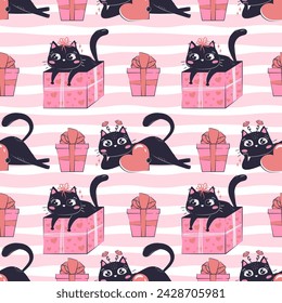 Template printed seamless pattern with black funny cat for Valentine's day isolated. Colorful love wrapping paper