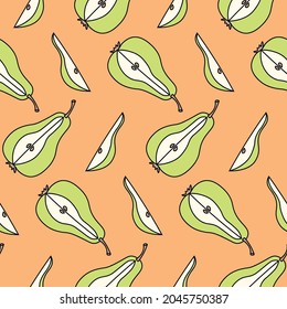Template for printing on fabric. Green pears on an orange background. A cut pear and a piece of pear. Printing of postcards, paper, textiles. Vector.