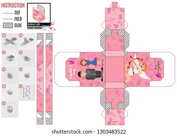 template for printing a paper pink box for the holiday Valentine's gluing and cutting