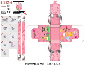 template for printing a paper pink box for the holiday Valentine's gluing and cutting
