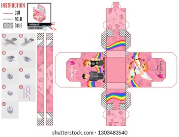 template for printing a paper pink box for the holiday Valentine's gluing and cutting