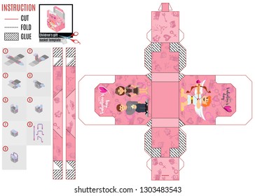 template for printing a paper pink box for the holiday Valentine's gluing and cutting
