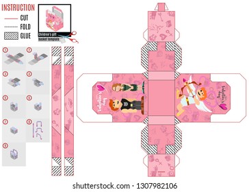 template for printing a paper pink box for the holiday Valentine's gluing and cutting