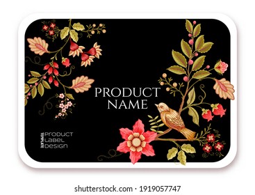 Template for product label, cosmetic packaging. Easy to edit. Vector illustration. in jacobean embroidery style, fantasy floral pattern.
