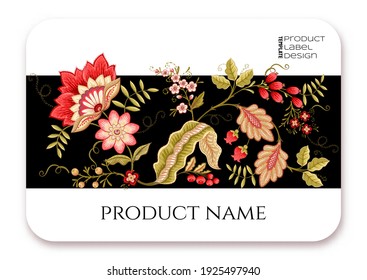 Template for product label, cosmetic packaging. Easy to edit. Vector illustration. in jacobean embroidery style, fantasy floral pattern.