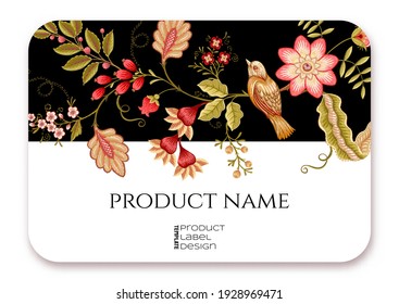 Template for product label, cosmetic packaging. Easy to edit. Vector illustration. in jacobean embroidery style, fantasy floral pattern.