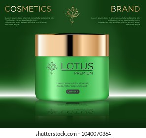 Template project design cosmetics product, round plastic jar with gold lid on green nature background. 
Mockup for ads, magazine, advertising, branding, print, cover. Fashion 3d vector illustration.