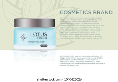 Template project design cosmetics product, round plastic jar with silver, gray lid on beige nature background. 
Mockup for ads, magazine, advertising, branding, print, cover. Fashion 3d vector