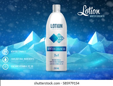 Template project design cosmetics product plastic cosmetic bottle with cap on winter snow background. Mockup for ads, magazine, advertising, branding, print, cover. 3d vector illustration.