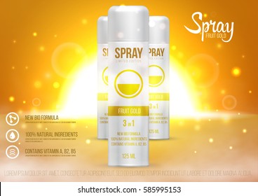 Template project design cosmetics product with metal spray bottle with cap on golden sun background. Mockup for ads, magazine, advertising, branding, print, cover. Fashion 3d vector illustration.