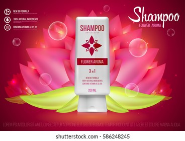 Template project design cosmetics product tube with cap for shampoo, shower gel on red flower background. Mockup for ads, magazine, advertising, branding, print, cover. Fashion 3d vector illustration.