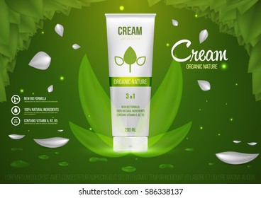 Template project design cosmetics product with cap for care face and skin on green nature background. Mockup for ads, magazine, advertising, branding, print, cover. Fashion 3d vector illustration.