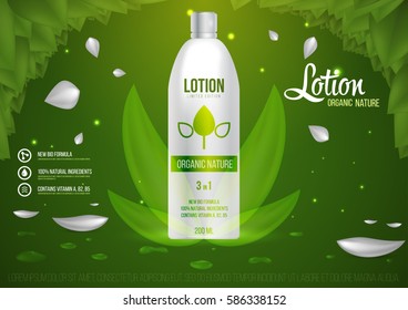 Template project design cosmetics product, lotion plastic  bottle with cap on green nature background. Mockup for ads, magazine, advertising, branding, print, cover. Fashion 3d vector illustration.