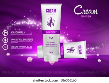 Template project design cosmetics product tube with cap for care face and skin on violet silk background. Mockup for ads, magazine, advertising, branding, print, cover. Fashion 3d vector illustration.