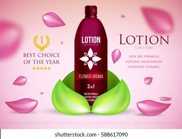 Template project design cosmetics product glossy plastic bottle with cap on light red background. Mockup for ads, magazine, advertising, branding, print, cover. Fashion 3d vector illustration.