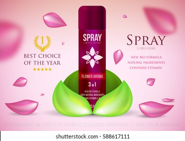 Template project design cosmetics product glossy metal spray bottle with cap on light red background. Mockup for ads, magazine, advertising, branding, print, cover. Fashion 3d vector illustration.