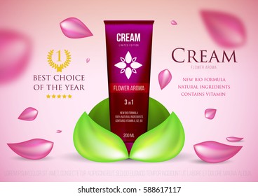 Template project design cosmetics product tube with cap for care face and skin on light red background. Mockup for ads, magazine, advertising, branding, print, cover. Fashion 3d vector illustration.