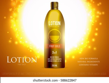 Template project design cosmetics product plastic cosmetic bottle with cap on golden sun background. Mockup for ads, magazine, advertising, branding, print, cover. Fashion 3d vector illustration.