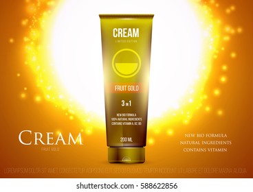 Template project design cosmetics product tube with cap for care face, skin on golden sun background. Mockup for ads, magazine, advertising, branding, print, cover. Fashion 3d vector illustration.