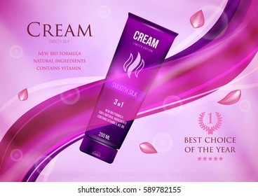 Template project design cosmetics product tube with cap for care face and skin on violet silk background. Mockup for ads, magazine, advertising, branding, print, cover. Fashion 3d vector illustration.