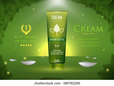 Template project design cosmetics product tube with cap for care face and skin on green nature background. Mockup for ads, magazine, advertising, branding, print, cover. Fashion vector illustration.