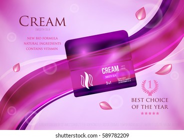 Template project design cosmetics product, glossy plastic jar with lid on violet silk background. Mockup for ads, magazine, advertising, branding, print, cover. Fashion 3d vector illustration.